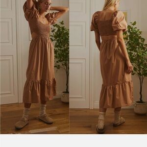 Faithfull the Brand Hazelnut Bloom Light Brown Puff Sleeve Midi Dress